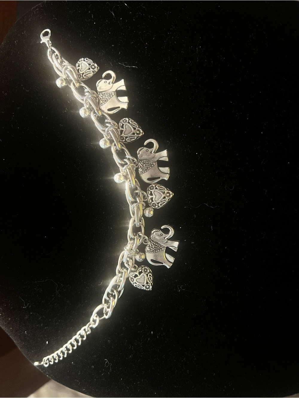 Source Unknown Silver Elephant and Heart Charm Bracelet